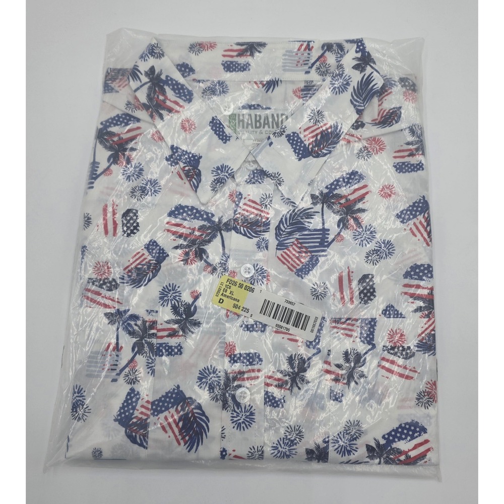 Haband Men's XL Patriotic American Flag Palm Tree Firework Button Down Shirt NEW